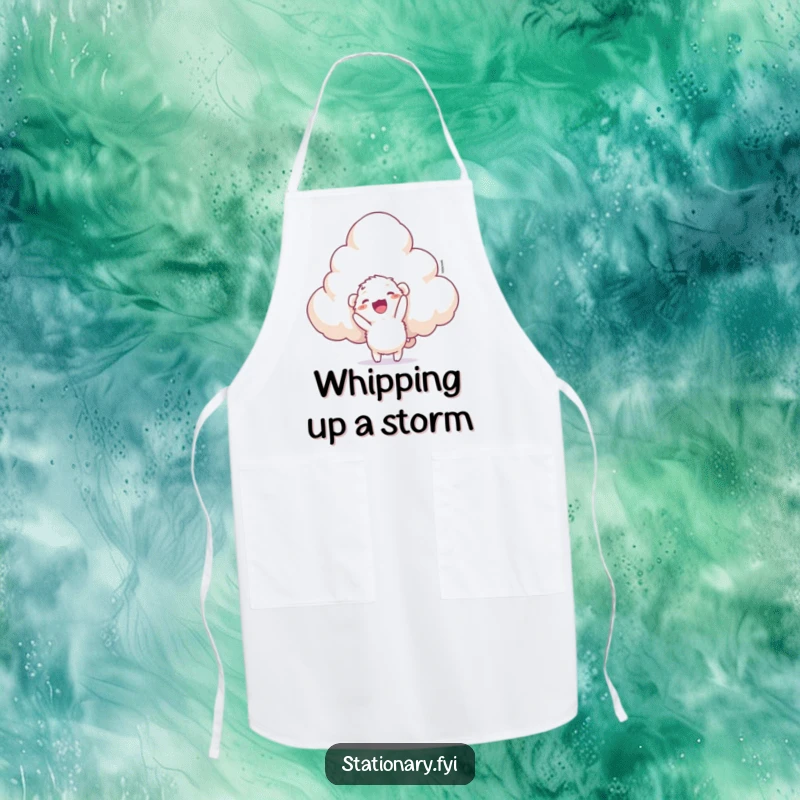 Funny apron showing a small, fuzzy creature with a stapler aiming at a giant, cumulus cloud, perfect for a whimsical cook.