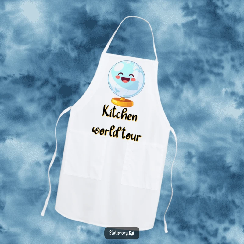 Funny apron showcasing a wobbly globe spinning cheerfully, ideal for adding a fun and global touch to cooking.