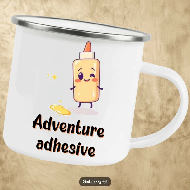 Funny glue stick camping mug with a giggling glue stick leaving a sparkly, sticky trail. Durable and fun.
