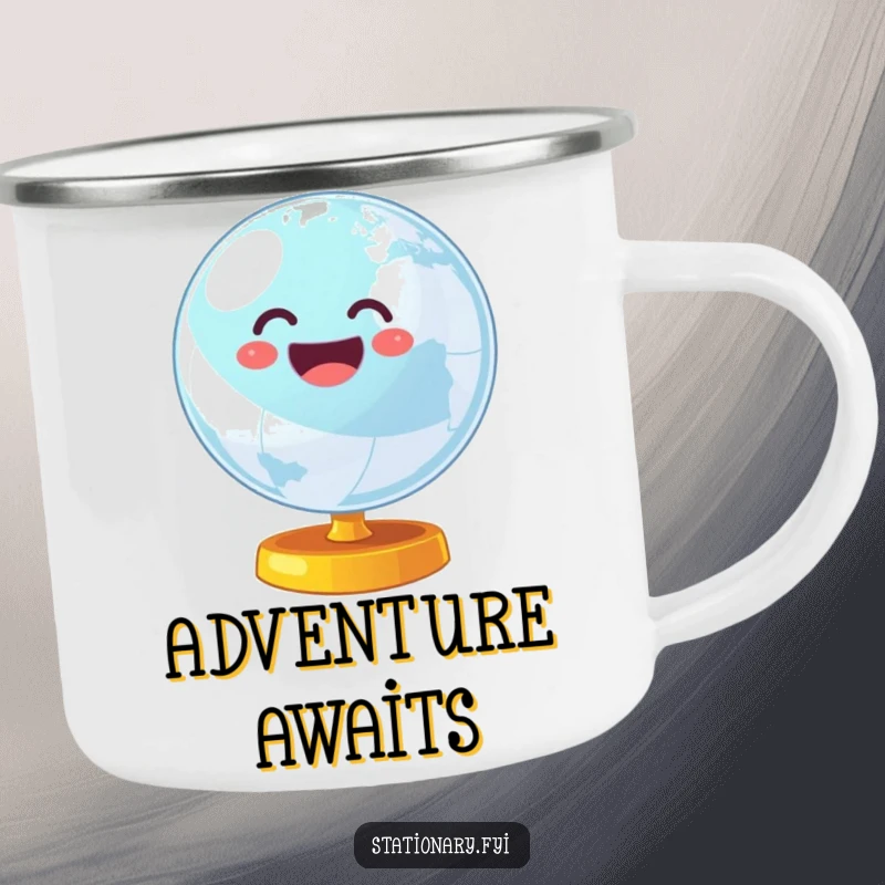 Funny camping mug featuring a wobbly globe spinning cheerfully, perfect for enjoying the outdoors with a touch of global fun.