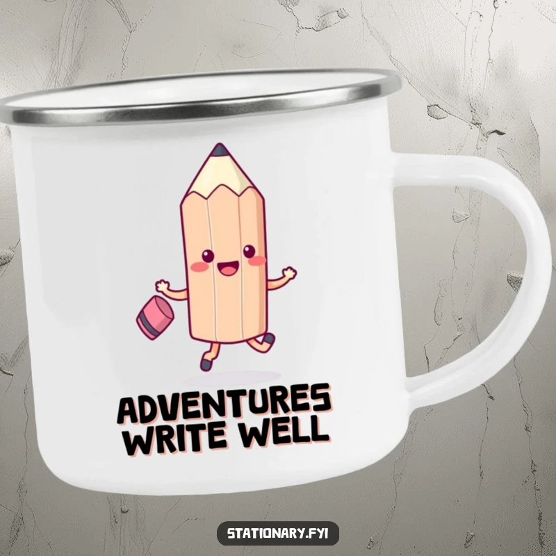 Funny Kawaii Pencil Skipping Camping Mug with an eraser, perfect for humorous outdoor adventures and gifting.