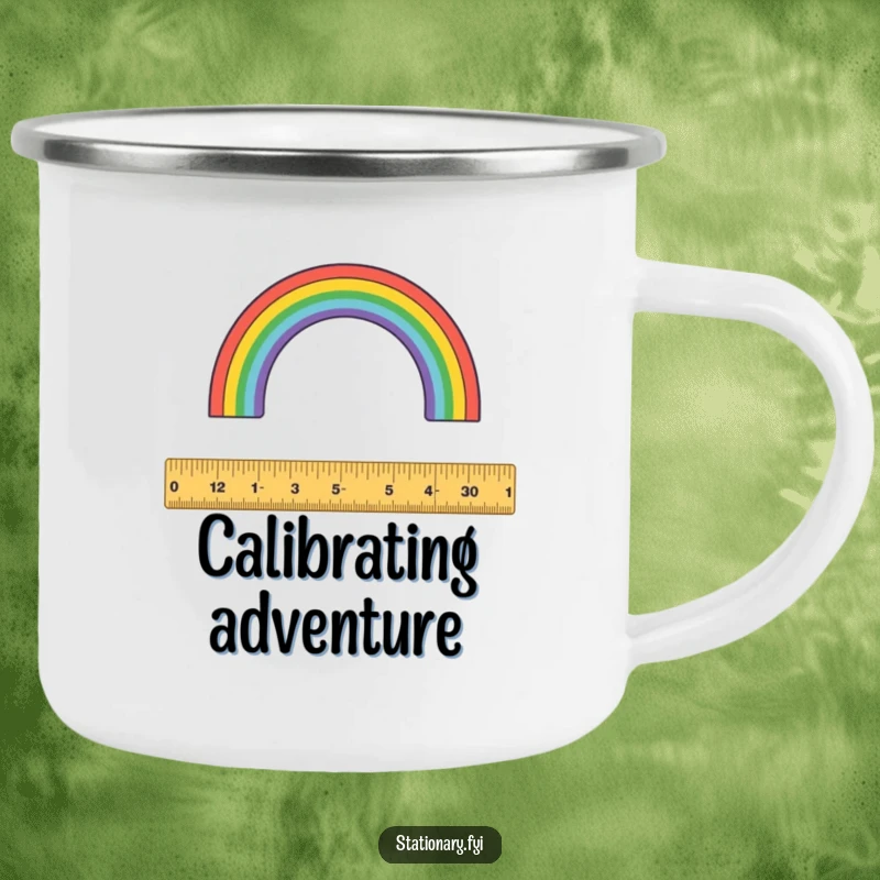 Funny camping mug: A precise ruler measures a vibrant rainbow arc, ideal for outdoor enjoyment.