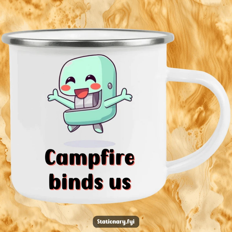 Funny camping mug with a happy stapler character doing a cheerful jump, perfect for outdoor work sessions or just enjoying nature with humor.