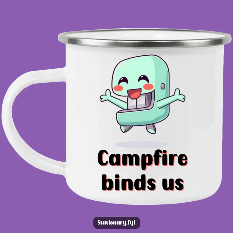 Funny Happy Stapler Camping Mug - Cheerful Jump Outdoor Office Humor Gift