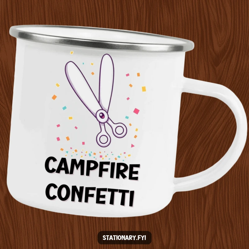 Funny camping mug with giggling scissors cutting confetti, perfect for celebrating adventures outdoors.