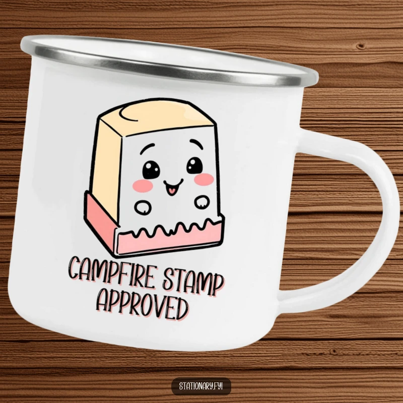 Funny camping mug showing a happy rubber stamp enthusiastically stamping a wobbly line, perfect for cheerful adventurers.
