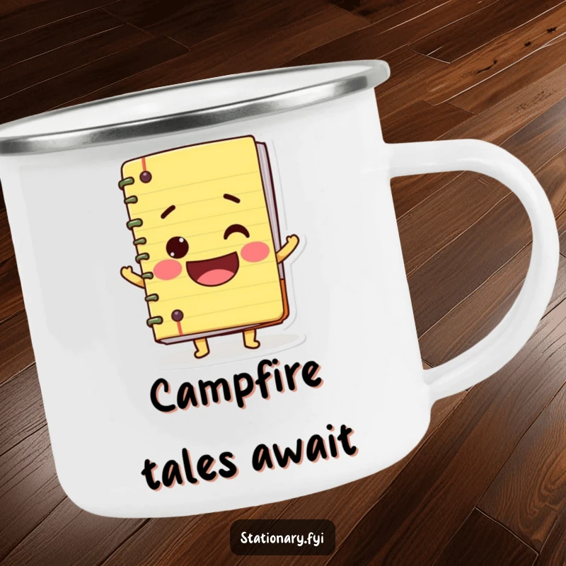 Funny camping mug with a wobbly notebook character sporting a big smile, perfect for enjoying drinks outdoors with a humorous touch.
