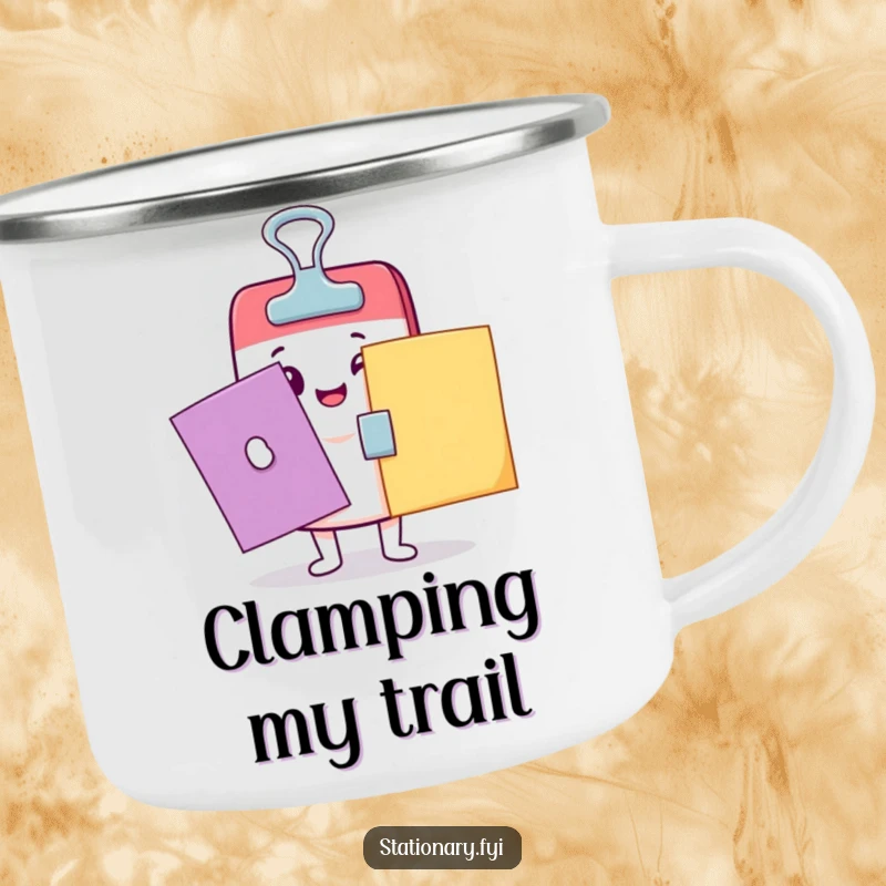 Funny Kawaii binder clip character holding papers on a rustic camping mug, ready for outdoor fun.
