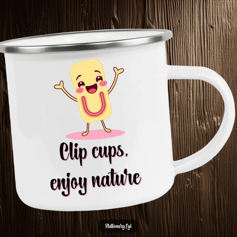 Funny camping mug with a joyous paper clip character doing a delightful shimmy, ideal for outdoor enthusiasts who love fun.