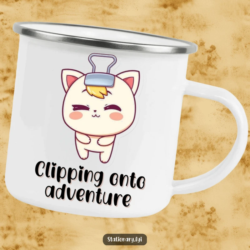 Funny enamel camping mug featuring a mischievous binder clip character playfully winking, perfect for outdoor mischief.