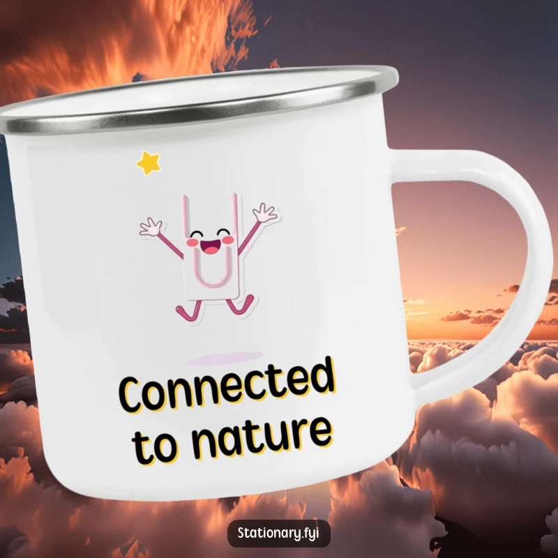 Funny enamel camping mug with a happy paperclip character jumping, perfect for outdoor use and celebrating moments, a great funny gift.
