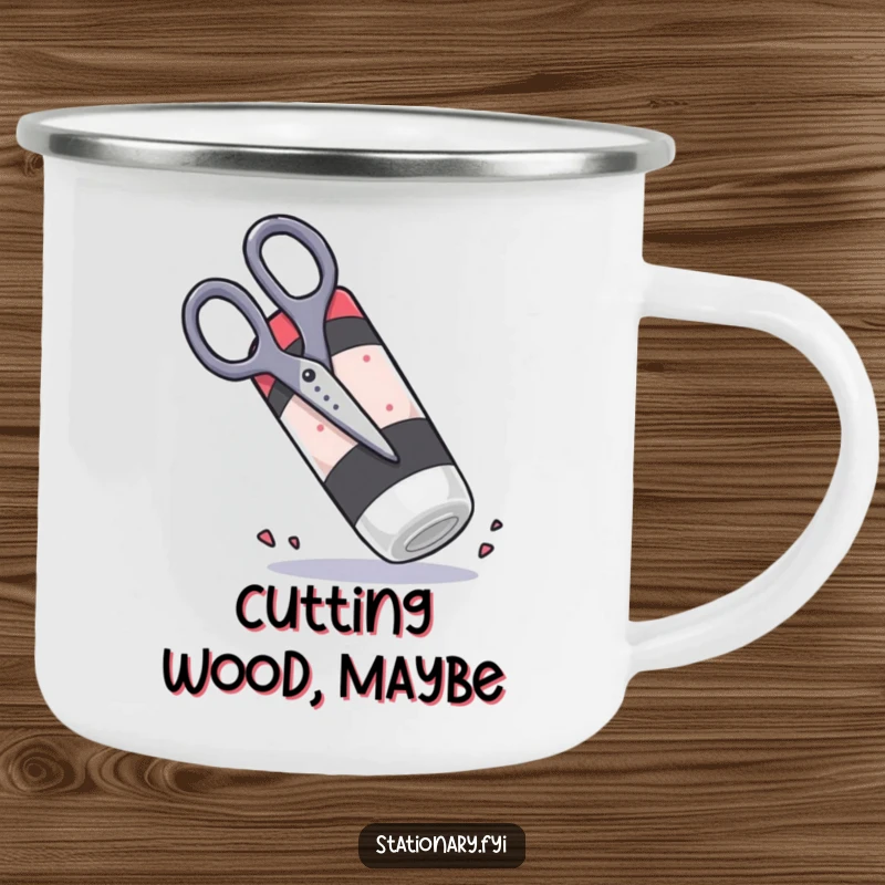 Funny scissors attempting to chop a giant rubbery eraser, a durable camping mug for creative humor.