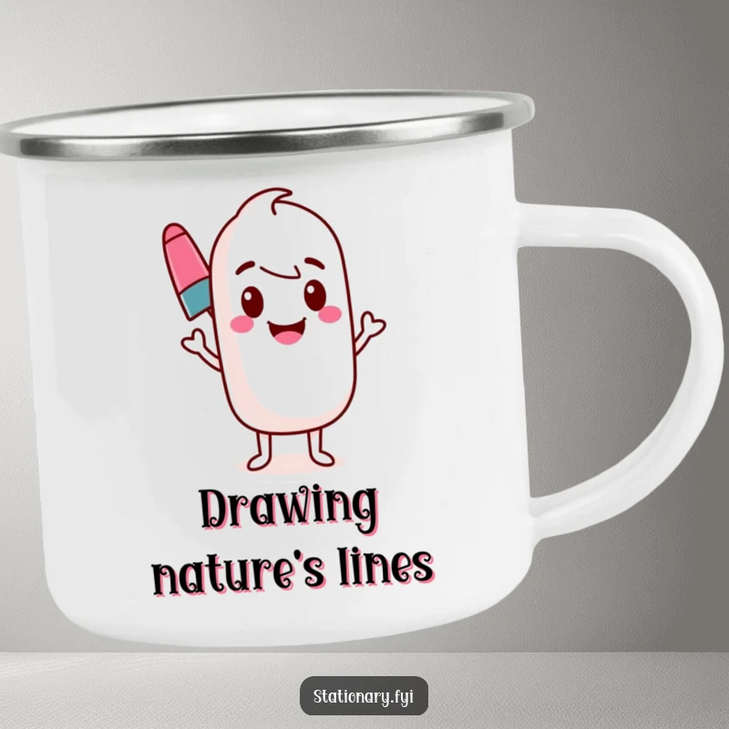 Funny marker camping mug with a bouncing marker character drawing a wavy line. Durable and artistic.