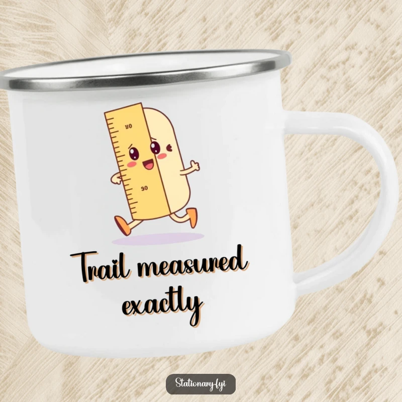 Funny camping mug showing a wobbly ruler character drawing a straight line, for organized outdoor fun.