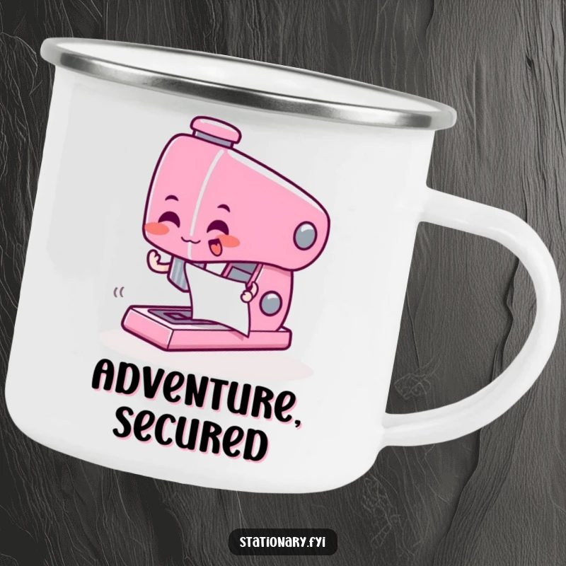 Funny camping mug with a giddy stapler character zapping paper together, for organized outdoor fun.