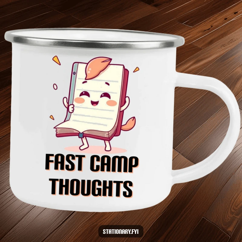 Funny camping mug featuring a joyful notebook character flipping pages rapidly, perfect for reading outdoors.