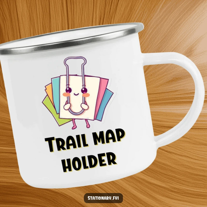 Funny camping mug: A happy paperclip holds colorful papers, ideal for enjoying beverages outdoors.