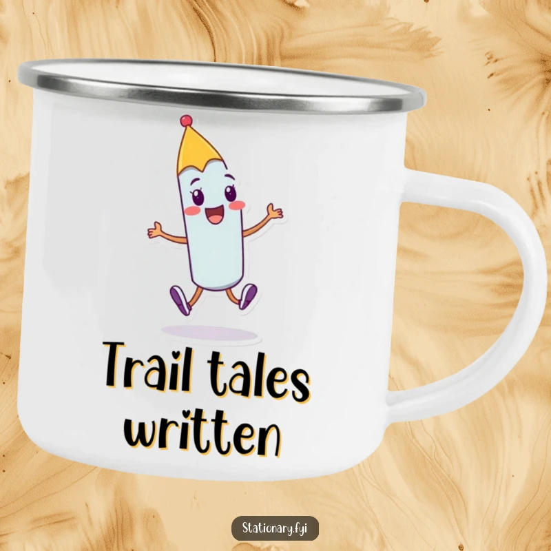 Funny cheerful pen camping mug with a character doing a joyful skip with a flourish, ideal for creative and humorous outdoor moments.