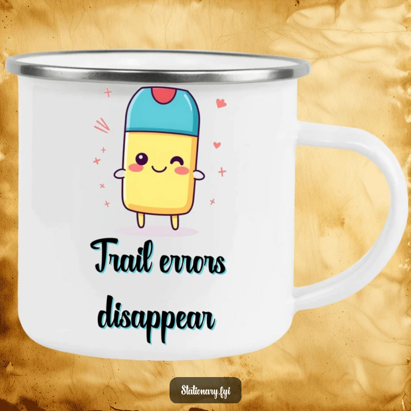 Funny Camping Mug with a smiling eraser cleaning scribbles, perfect for outdoor adventures with artistic tidiness and as a great gift.