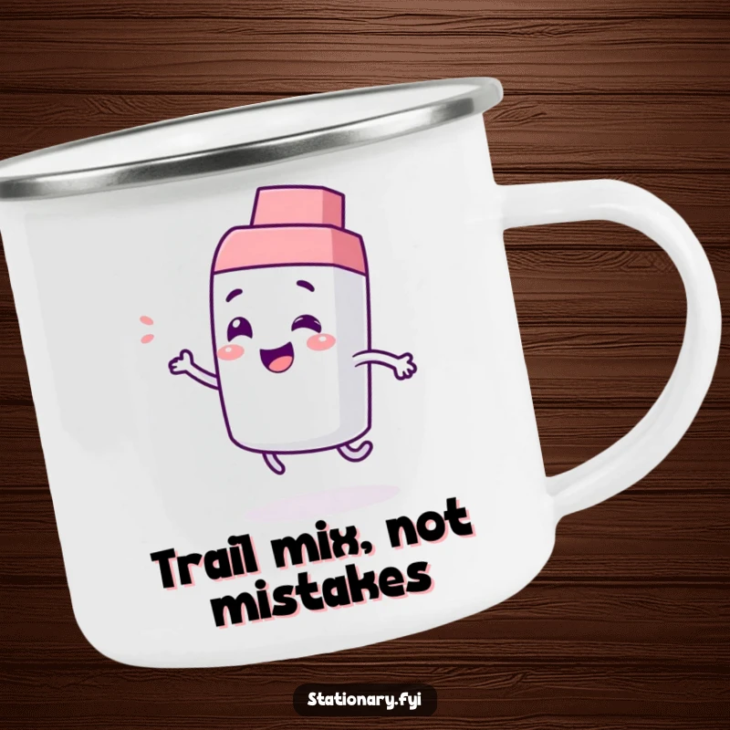 Funny camping mug with a giggling eraser character bouncing playfully, perfect for outdoor adventures and adding humor to your morning brew.