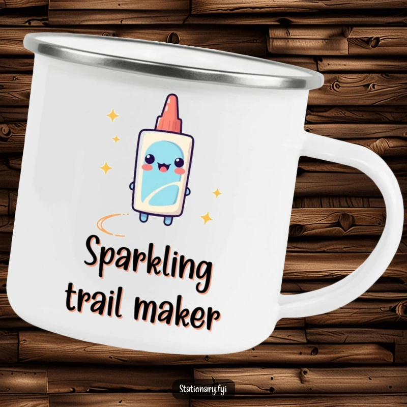 Funny Camping Mug with a playful glue stick leaving a sparkly trail, perfect for enjoying drinks outdoors.
