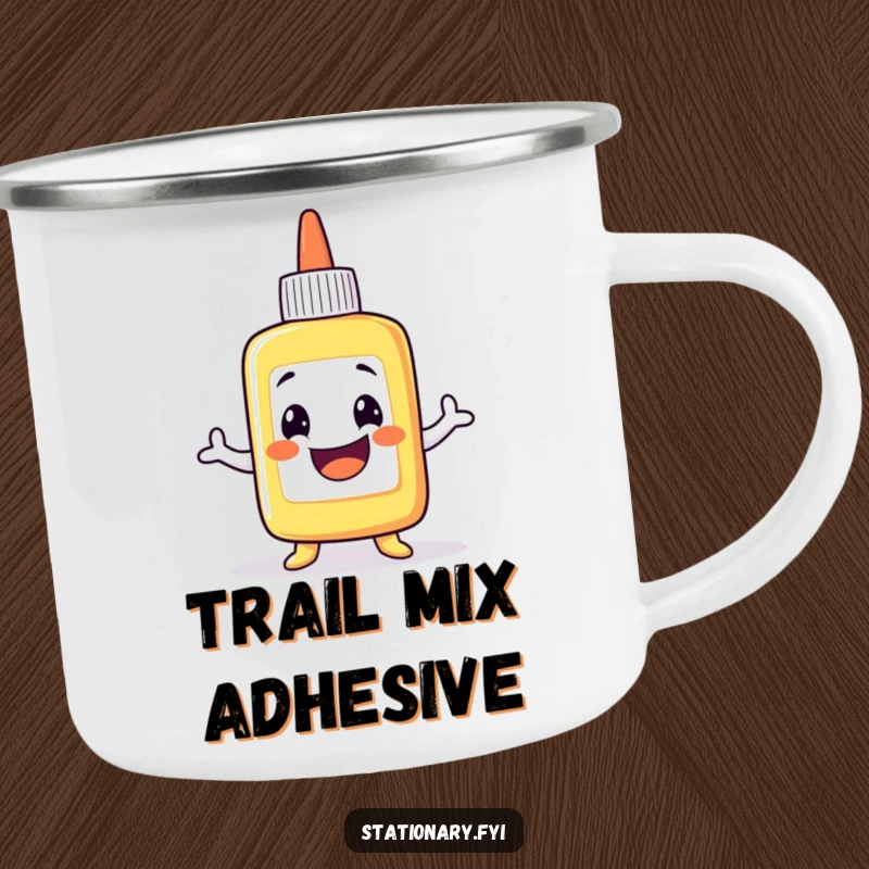 Funny Camping Mug: A grinning glue bottle character doing a wobbly dance, ideal for outdoor sipping and adding humor to camping.