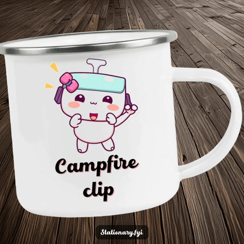 Funny kawaii binder clip camping mug with a character doing a playful pinch, designed for humorous outdoor enjoyment and secure holding.