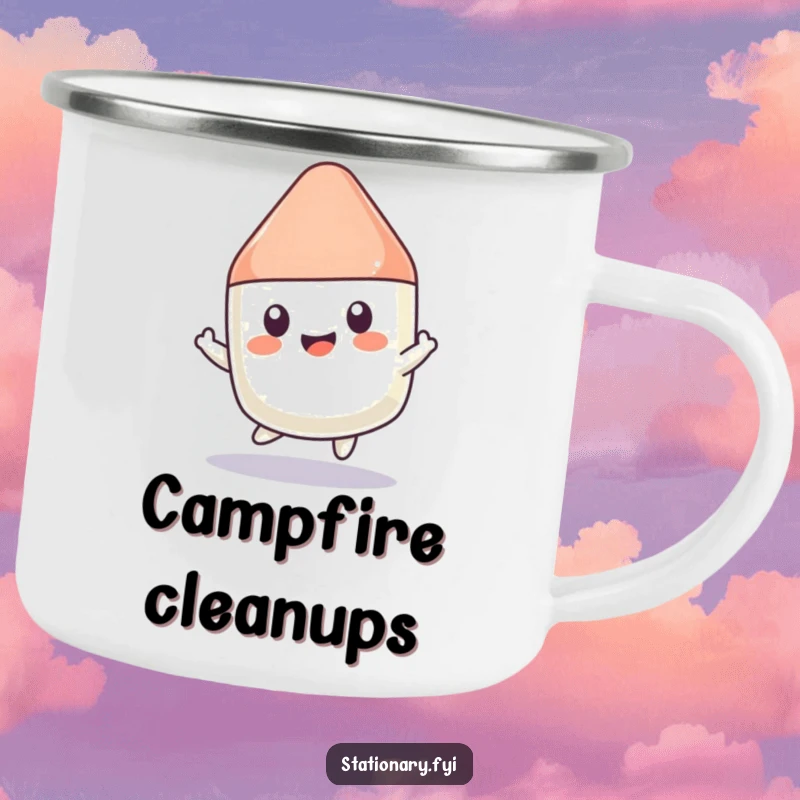 Funny Kawaii Eraser Camping Mug: A bouncing eraser character design, perfect for outdoor drinks and playful humor.