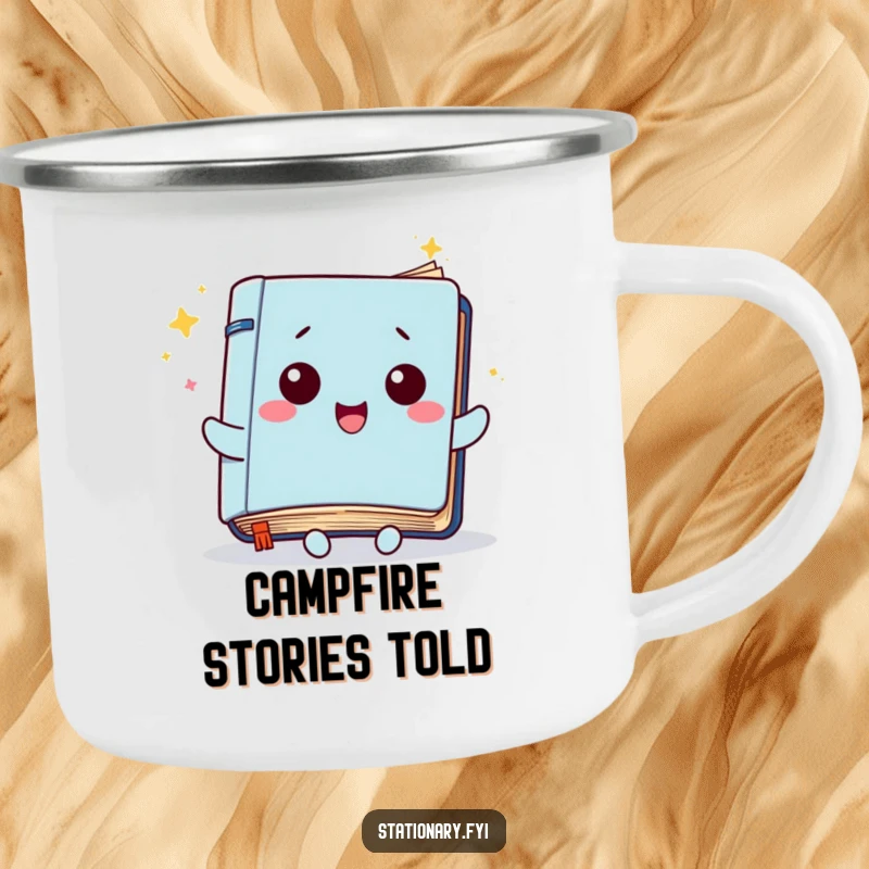 Funny Kawaii Notebook Camping Mug: A notebook character with fluttering pages, perfect for outdoor creativity and joyful sips.
