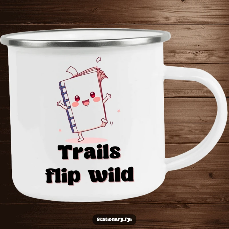 Funny Kawaii Notebook Cartwheel Camping Mug with flying pages, perfect for humorous outdoor creativity and gifting.
