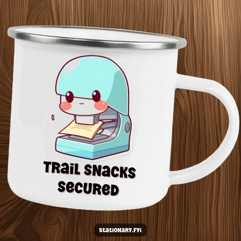 Funny Kawaii Stapler Camping Mug: A chomping stapler character design, perfect for outdoor drinks and office humor.