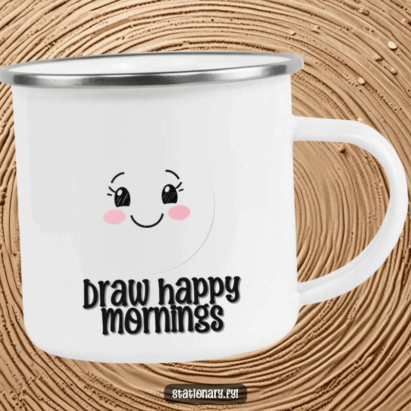 Funny camping mug with a happy marker character drawing a smiling face, perfect for outdoor enthusiasts who love art and smiles.