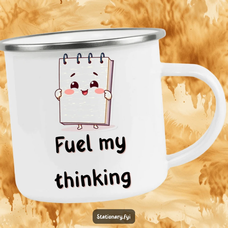 Funny notepad camping mug with a smiling character unfurling pages, perfect for hot beverages during outdoor adventures, adding humor.