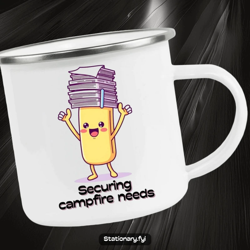 Funny Camping Mug with a triumphant Kawaii paperclip character holding papers, perfect for enjoying drinks during organized outdoor trips.