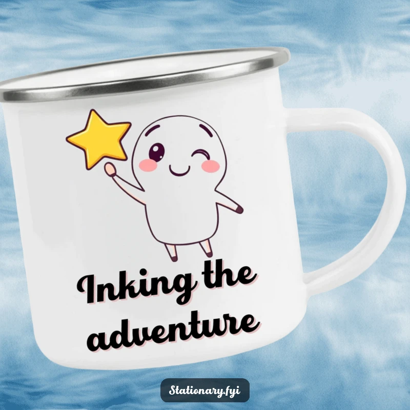 Funny enamel camping mug featuring a happy pen character drawing a smiling star in the air, perfect for creative campers.