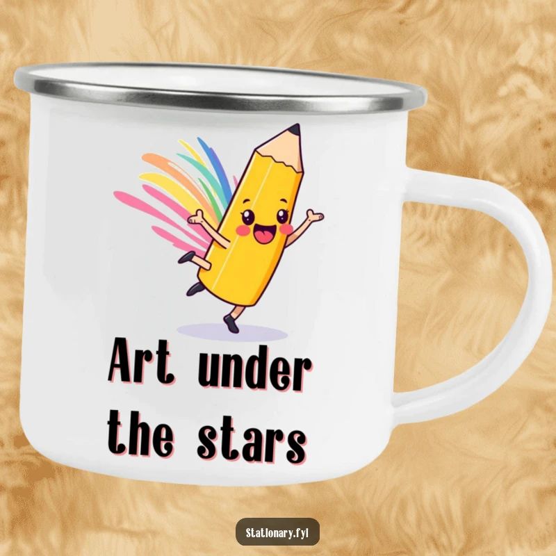 Funny playful pencil camping mug, cartwheeling character with a colorful streak, ideal for creative outdoor enthusiasts.