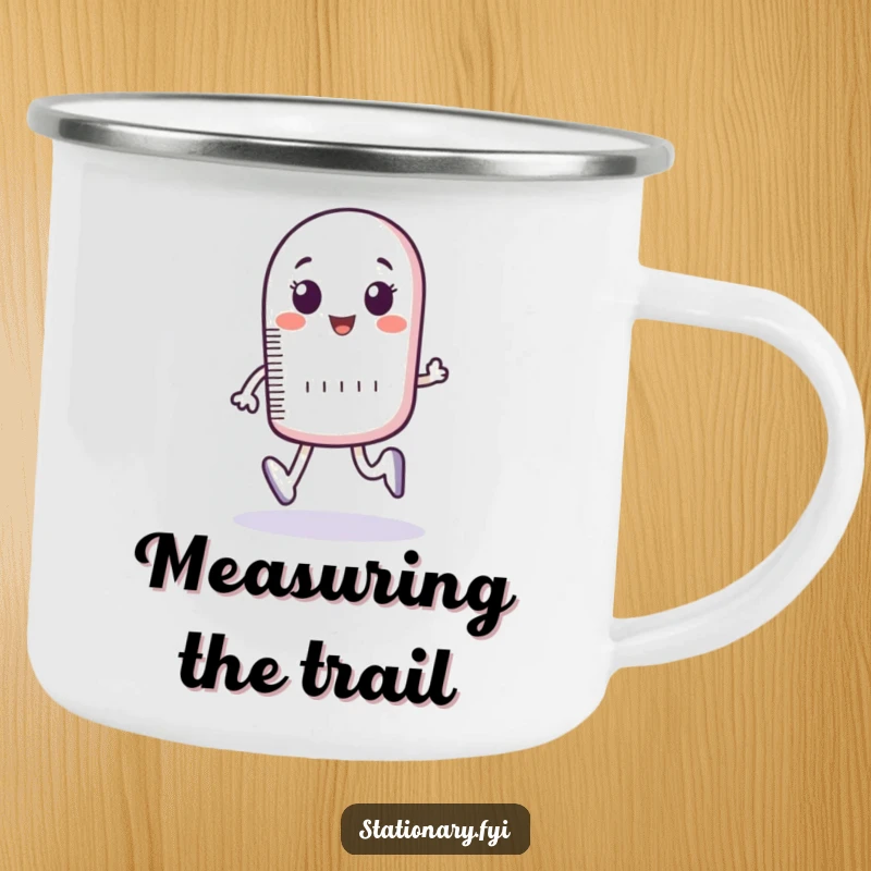 Funny camping mug with a bouncing ruler character measuring imaginary footsteps, ideal for outdoor enthusiasts who love precision and humor.