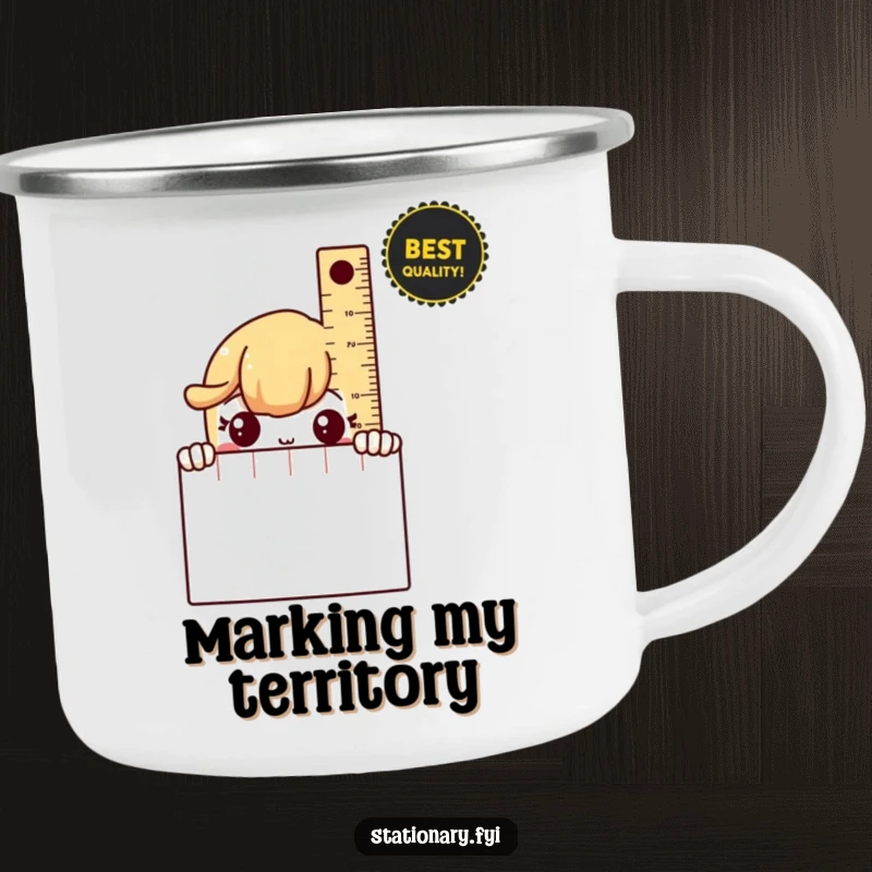 Funny Camping Mug with a shy ruler peeking from behind a notebook, perfect for quiet outdoor enjoyment.