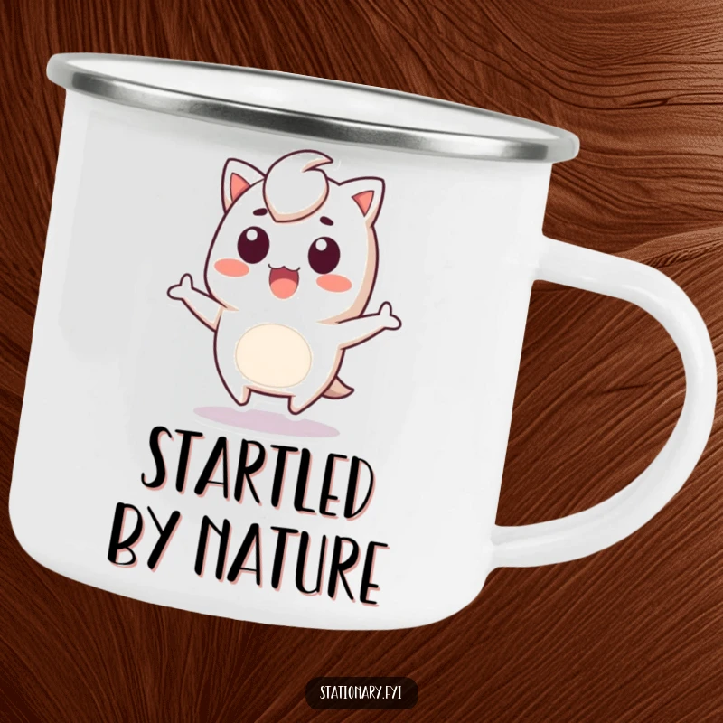 Funny Camping Mug with a Kawaii staple remover character in a surprised jump, perfect for outdoor brews and laughs.