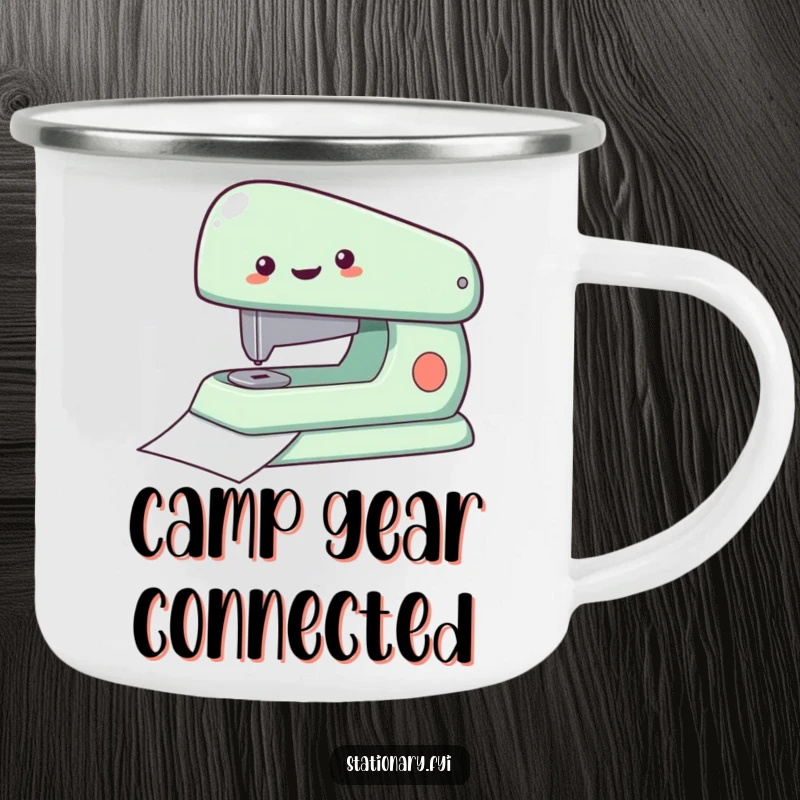 Funny Camping Mug with a delighted stapler fastening paper, perfect for outdoor adventures with artistic efficiency and as a great gift.