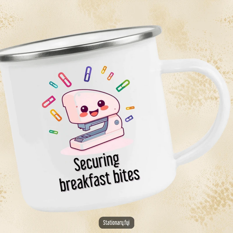 Funny Camping Mug with a smiling stapler juggling paper clips, perfect for enjoying drinks outdoors.