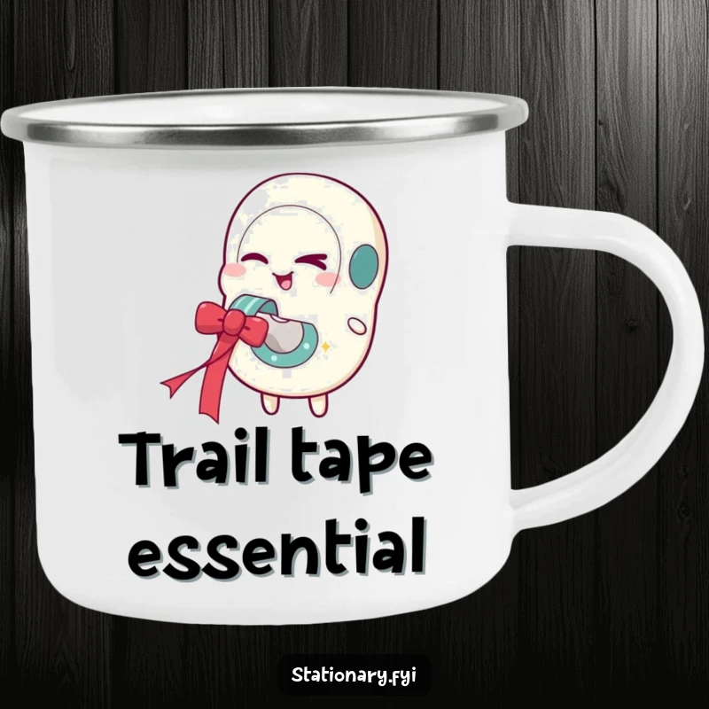 Funny camping mug featuring a winking tape dispenser character dispensing a festive ribbon, perfect for outdoor humor.