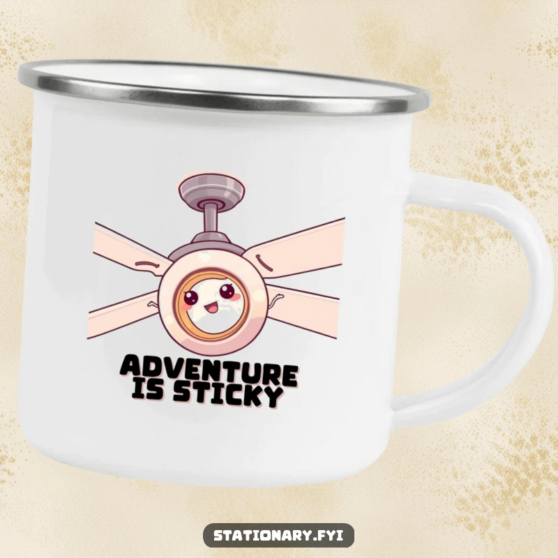 Funny tape roll comically stuck on a ceiling fan, a durable camping mug for outdoor humor adventures.