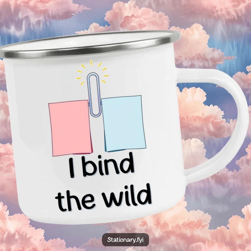 Funny Paperclip Camping Mug: A cheerful paperclip humorously connecting sheets, designed for rugged humor outdoors.