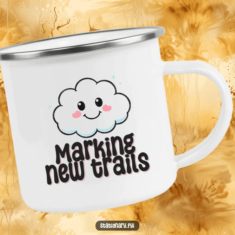 Funny Kawaii marker character drawing a smiley cloud on a rustic camping mug for outdoor art.