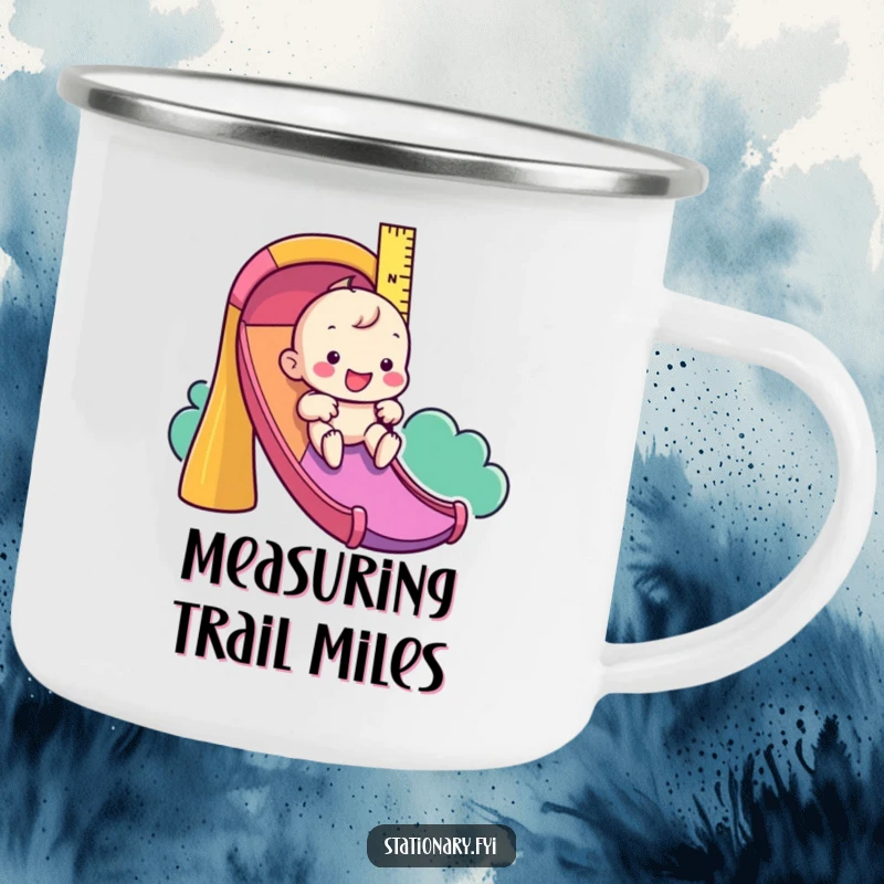 Funny enamel camping mug with a playful ruler character sliding down a colorful slide, perfect for adventurous trips.