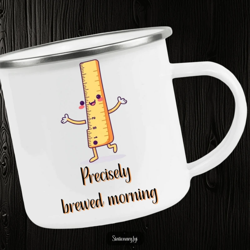 Funny Camping Mug: A cheerful ruler character dancing with perfect alignment, ideal for outdoor sipping and adding humor to camping.