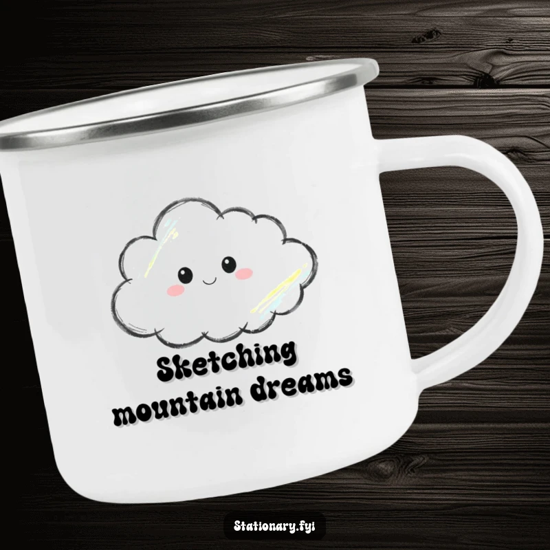 Funny camping mug with a crayon thoughtfully sketching a cloud, perfect for enjoying drinks outdoors with an artistic touch.
