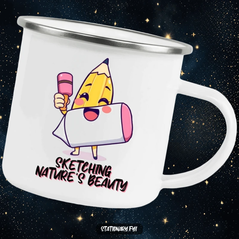 Funny enamel camping mug showing a happy pencil character drawing a smiley face on a huge eraser, perfect for outdoor creativity.