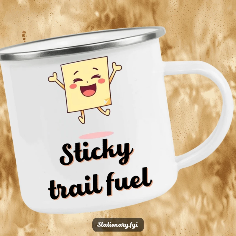 Funny camping mug with a sticky note in a joyful leap, perfect for outdoor drinks with a cheerful, humorous twist.